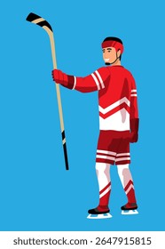 Hockey player. Ice hockey team sport, men with hockey sticks. Sportsman with helmet in cartoon flat style. Vector illustration isolated on white background