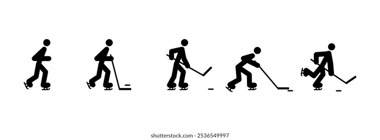 Hockey player icons set. Hockey player in different positions during the game.