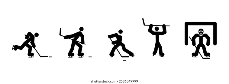 Hockey player icons set. Hockey player in different positions during the game.