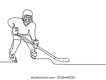 Hockey player illustrated in continuous one line drawing. Sport activity concept showcasing the dynamics of ice hockey gameplay.