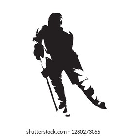 Hockey player, isolated vector silhouette, front view. Ice hockey