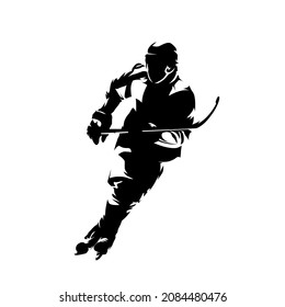 Hockey player, isolated vector silhouette, front view. Winter team sport athlete