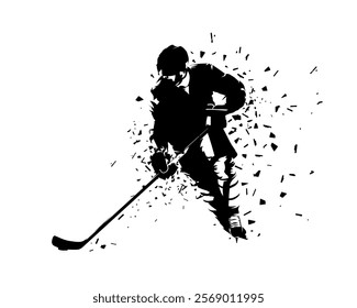 Hockey player, isolated vector silhouette. front view. Distorted effect