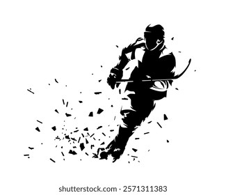 Hockey player, isolated vector silhouette with dispersion effect, front view. Winter team sports, ice hockey