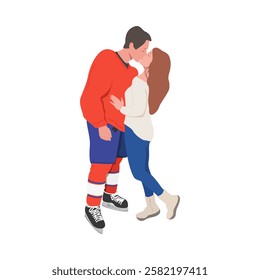 A hockey player kisses a girl. Couple in love. Flat vector illustration isolated on white background.