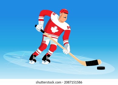 Hockey player is leading puck. Hockey player in Canadian uniform during the match. vector cartoon illustration.