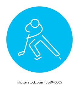 Hockey player line icon for web, mobile and infographics. Vector white icon on the light blue circle isolated on white background.