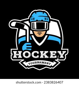 Hockey player logo, emblem on a dark background.