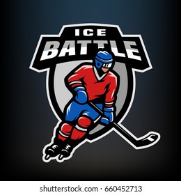 Hockey player, logo, emblem on a dark background.