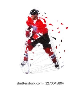 Hockey player, low polygonal ice skater in red jersey with puck, isolated vector illustration