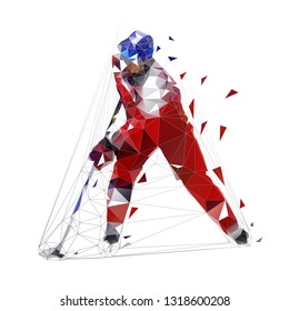 Hockey player, low polygonal ice skater in red jersey with puck, isolated vector illustration