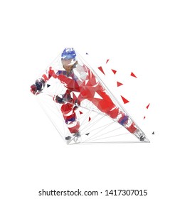 Hockey player, low polygonal ice hockey skater in red jersey with puck, isolated geometric vector illustration