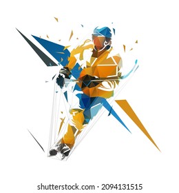 Hockey player, low polygonal isolated vector illustration, front view. Winter team sport athlete from triangles