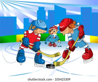Hockey player makes a strong shot on goal rival;