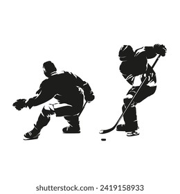 Hockey player makes a tackle on a defender. Ice hockey isolated vector silhouette