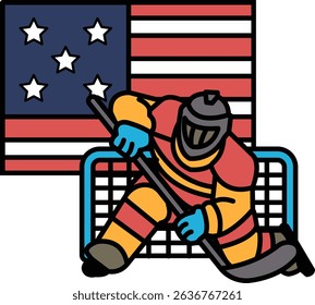 A hockey player is in the middle of a game, with a hockey stick in his hand. An American flag in the background