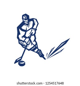 hockey player in motion with a puck and a stick. Monochrome emblem, isolated image. vector eps 10