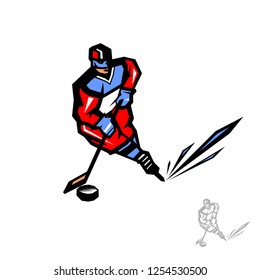 hockey player in motion with a puck and a stick. Color emblem in red and blue colors, isolated image. vector eps 10