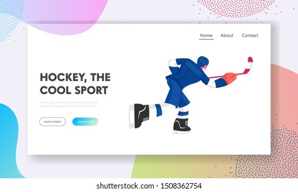 Hockey Player in Motion Website Landing Page. Young Male Character Skating in Team Uniform Hitting Puck with Stick, Sportsman Playing Game, Sport Life Web Page Banner. Cartoon Flat Vector Illustration