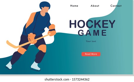 Hockey Player in Motion Website Landing Page. Young Male Character Skating in Team Uniform Sportsman Playing Game, Sport Life Web Page Banner. Cartoon Flat Vector Illustration
