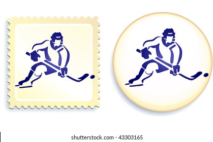 Hockey player on button and stamp Set Original Vector Illustration Stamp and Button Set