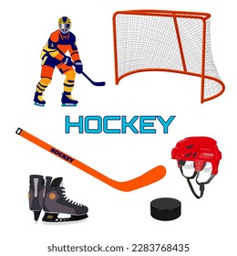 Hockeyspieler auf dem Hockeyfeld. Sammlung von Hockeyattribute, Tore, Skates, Helm, Stock, Puck. Vektorgrafik einzeln auf weißem Hintergrund.