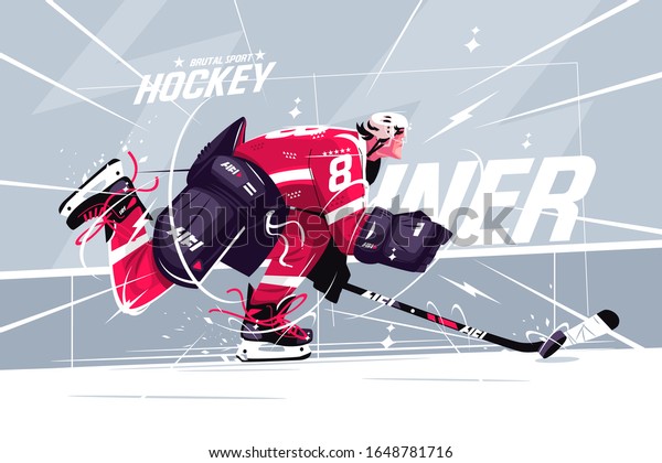 Hockey player on\
ice field vector illustration. Man in special outfit stickhandling\
puck to opponents goal. Puck-carrier breaking to slot flat style\
design. Brutal sport\
concept