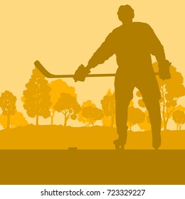 Hockey player on ice lake with stick landscape with snow trees vector background