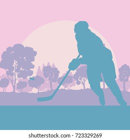 Hockey player on ice lake with stick landscape with snow trees vector background