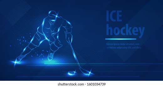 Hockey player on ice with stick shot the puck. Olympic winter sport. Blue neon horizontal banner. Ice hockey man player on the run. Action blue neon hockey winter sport vector background.
