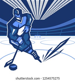 hockey player on the move, with a puck and a stick on a hockey arena. Color image in blue colors. vector eps 10