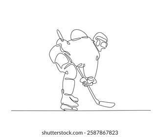 Hockey player one line drawing illustration. Professional ice hockey player monoline design.  