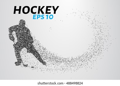 Hockey player of the particles. Silhouette of a hockey player consists of small balls and scatters in the wind.