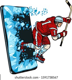 hockey player Phone gadget smartphone. Online Internet application service program. Pop art retro vector illustration drawing vintage kitsch