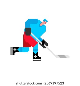 Hockey player pixel art. 8 bit ice hockey player. pixelated Vector illustration