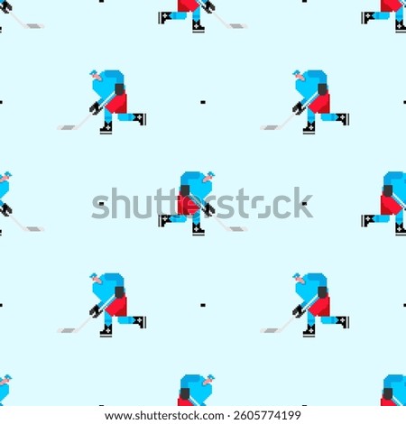 Hockey player pixel art pattern seamless. 8 bit ice hockey background. pixelated texture