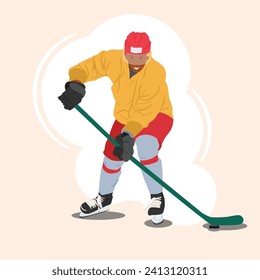 A hockey player plays with a puck on the ice. Vector illustration.