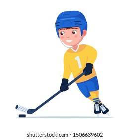 Hockey player plays with a stick and puck. Boy in sports uniform is engaged in professional hockey. Vector illustration isolated on white, flat style.