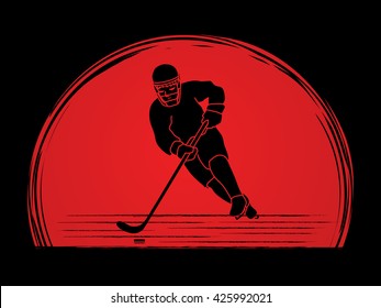 Hockey player pose designed on sunset background graphic vector