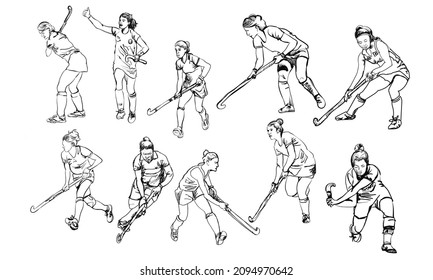 hockey player pose outline set, vector illustration