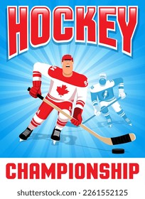 Hockey player with puck on Hockey poster. Vector illustration