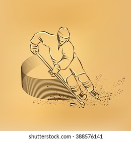 Hockey player races with the puck and a stick. Old paper drawing illustration.