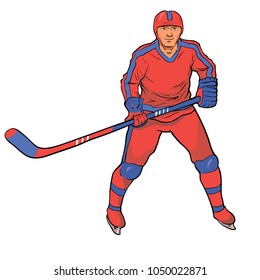 Hockey player in red blue uniform. smiling hockey player. Vector illustration