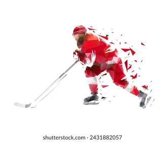 Hockey player in red jersey skating, side view, polygonal isolated vector illustration from triangles. Winter team sport, ice hockey