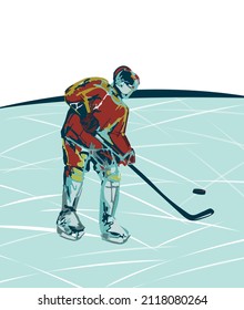 Hockey player in a red jersey throwing a puck off the ice with his hockey stick - abstract vector illustration