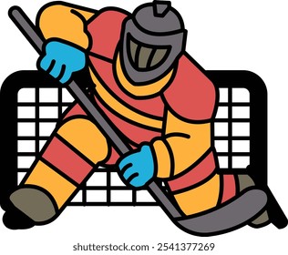 A hockey player in a red and orange uniform is holding a hockey stick and is about to shoot the puck