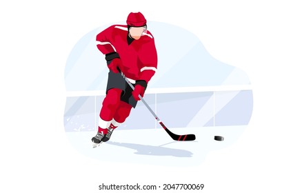 El jugador de hockey con uniforme rojo está practicando y haciendo ejercicio para convertirse en mejor deportista. Concepto de juego y desarrollo físico. Ilustración gráfica del vector