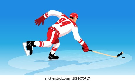 Hockey player in red-white uniform runs after the puck. Cartoon hockey player in the game - view from the back. Vector illustration.