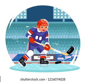 Hockey player running character stadium flat background design vector illustration
