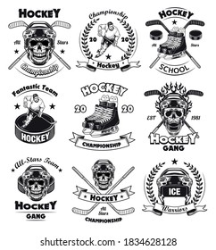 Hockey player set. Cartoon skull in helmet, ice skates, stick and puck. Monochrome emblems in retro style, symbols for championship or sport fan community. Flat vector illustrations